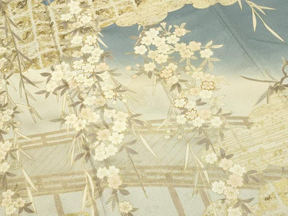 平和屋着物●訪問着　駒刺繍　渡橋枝垂れ桜文　暈し染め　金彩　正絹　逸品　CABI0878gh