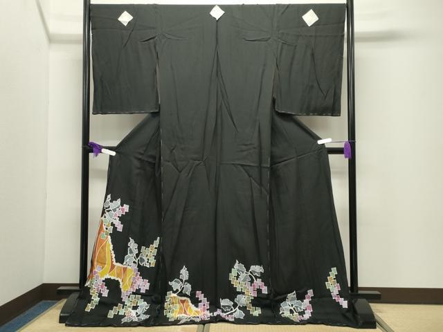 平和屋着物●豪華黒留袖　ろうけつ染　枝葉吉祥文　仮絵羽　正絹　逸品　未使用　CABI0883gh