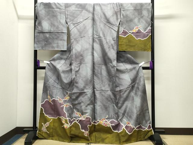 平和屋着物●訪問着　紬地　ろうけつ染　舞葉文　仮絵羽　正絹　逸品　未使用　CABI0884gh