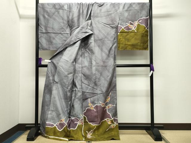 平和屋着物●訪問着　紬地　ろうけつ染　舞葉文　仮絵羽　正絹　逸品　未使用　CABI0884gh