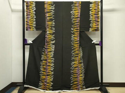 平和屋着物●上質な小紋　吉祥間道　黒地　鬼しぼ縮緬　仮絵羽　正絹　逸品　未使用　CABI0890gh