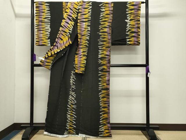 平和屋着物●上質な小紋　吉祥間道　黒地　鬼しぼ縮緬　仮絵羽　正絹　逸品　未使用　CABI0890gh