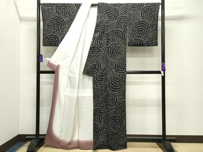 平和屋着物●上質な小紋　総絞り　流水文　黒地　正絹　逸品　CABI0896gh