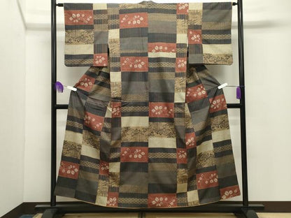 平和屋着物●上質な紬　絞り　型染め　風景花文　正絹　逸品　CABI0904gh
