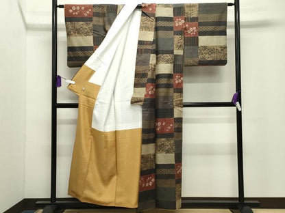 平和屋着物●上質な紬　絞り　型染め　風景花文　正絹　逸品　CABI0904gh