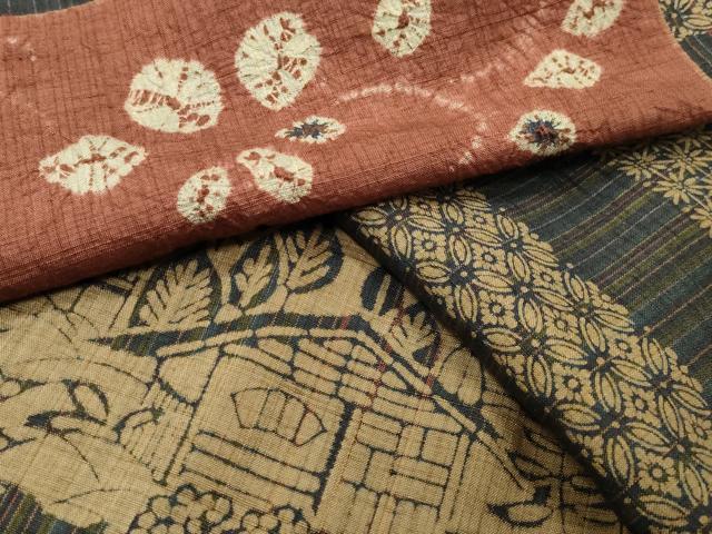 平和屋着物●上質な紬　絞り　型染め　風景花文　正絹　逸品　CABI0904gh