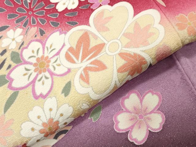 平和屋着物●豪華振袖　鬘帯舞桜文　暈し染め　金彩　銀通し地　正絹　逸品　CABI0912gh