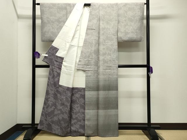 平和屋着物●江戸小紋　浅野栄一　訪問着　万筋　藤煤竹色×白色　横段枝松文　正絹　逸品　CABI0919gh