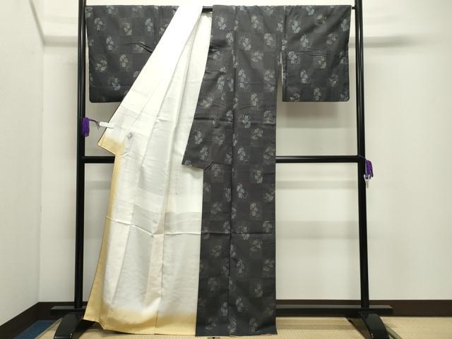 平和屋着物●上質な紬　市松蔦の葉文　京都きもの友禅扱い　正絹　逸品　CABI0931gh