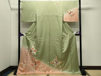 平和屋着物●訪問着　籬草花文　暈し染め　ロング丈　正絹　逸品　CABI0933gh