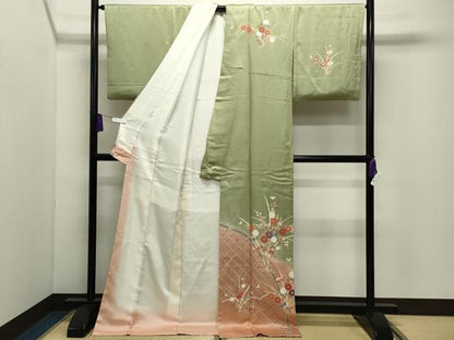 平和屋着物●訪問着　籬草花文　暈し染め　ロング丈　正絹　逸品　CABI0933gh
