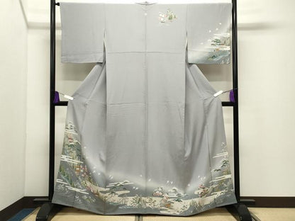 平和屋着物●訪問着　友禅　風景松竹梅飛鳥文　暈し染め　正絹　逸品　CABI0939gh