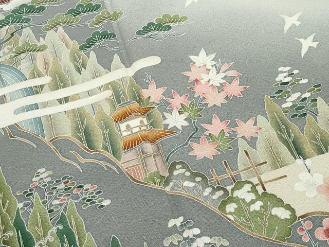 平和屋着物●訪問着　友禅　風景松竹梅飛鳥文　暈し染め　正絹　逸品　CABI0939gh