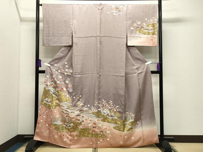 平和屋着物●訪問着　駒刺繍　風景花文　暈し染め　金彩　正絹　逸品　CABI0943gh