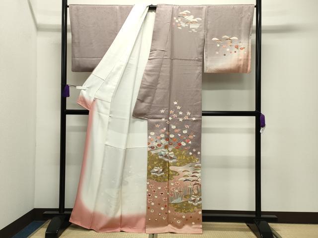 平和屋着物●訪問着　駒刺繍　風景花文　暈し染め　金彩　正絹　逸品　CABI0943gh