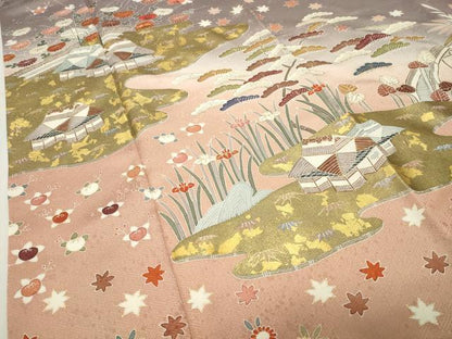 平和屋着物●訪問着　駒刺繍　風景花文　暈し染め　金彩　正絹　逸品　CABI0943gh