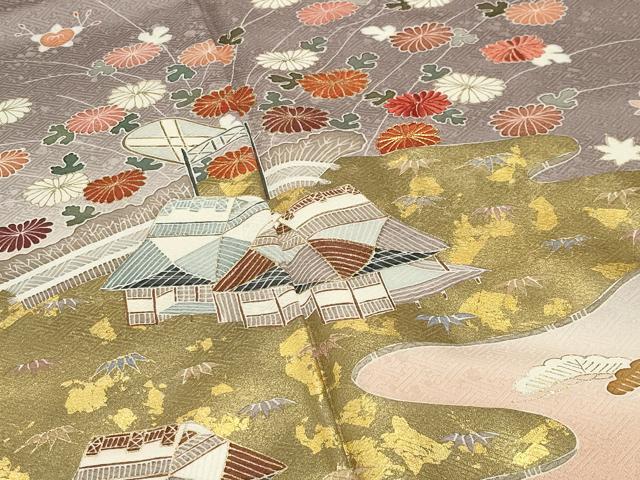 平和屋着物●訪問着　駒刺繍　風景花文　暈し染め　金彩　正絹　逸品　CABI0943gh