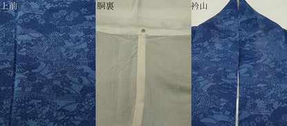 平和屋着物●上質な小紋　藍　型染め　雲重ね草花文　鬼しぼ縮緬　正絹　逸品　CABI0944gh