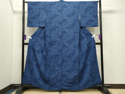 平和屋着物●上質な小紋　藍　型染め　雲重ね草花文　鬼しぼ縮緬　正絹　逸品　CABI0944gh