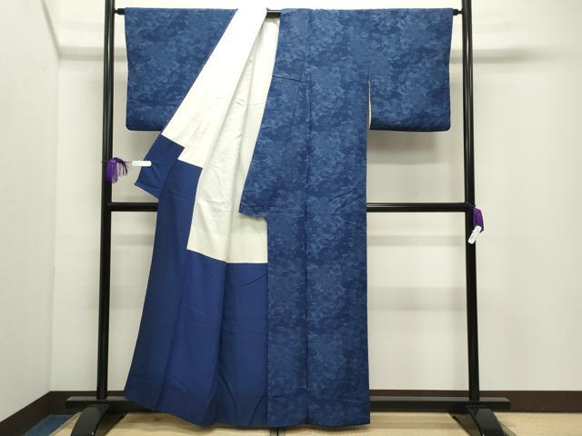平和屋着物●上質な小紋　藍　型染め　雲重ね草花文　鬼しぼ縮緬　正絹　逸品　CABI0944gh
