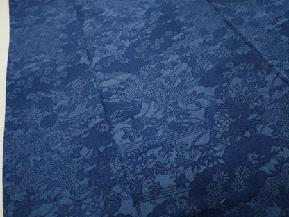平和屋着物●上質な小紋　藍　型染め　雲重ね草花文　鬼しぼ縮緬　正絹　逸品　CABI0944gh