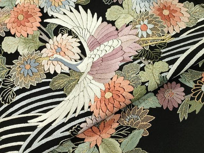 平和屋着物●中国三大刺繍　蘇州刺繍　総刺繍　黒留袖　群鶴立波花文　金糸　正絹　逸品　CABI0960gh