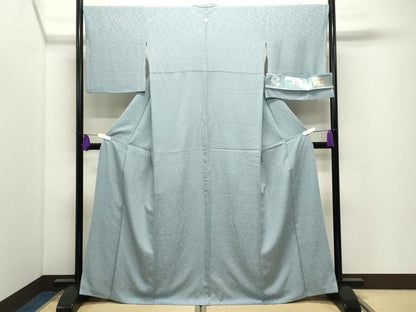 平和屋着物●上質な色無地　堅牢染　彩華　霞地紋　水色　反端付き　正絹　逸品　CABI0966gh