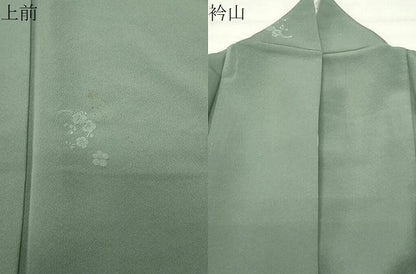 平和屋着物●本加賀友禅作家　柿本市郎監修　色無地　梅笹地紋　山葵色　正絹　逸品　CABI0968gh