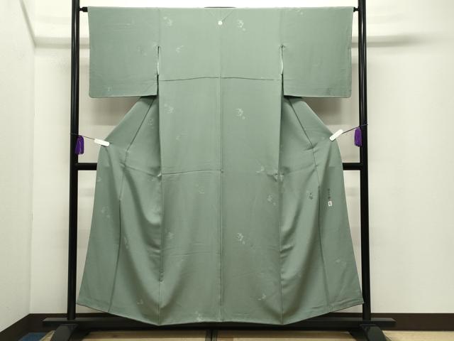 平和屋着物●本加賀友禅作家　柿本市郎監修　色無地　梅笹地紋　山葵色　正絹　逸品　CABI0968gh