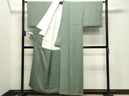 平和屋着物●本加賀友禅作家　柿本市郎監修　色無地　梅笹地紋　山葵色　正絹　逸品　CABI0968gh