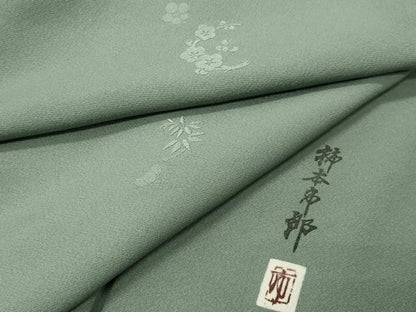 平和屋着物●本加賀友禅作家　柿本市郎監修　色無地　梅笹地紋　山葵色　正絹　逸品　CABI0968gh