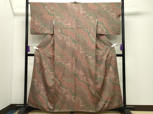 平和屋着物●重要無形文化財・伊勢手彫型本染・細合俊男　小紋　菊花唐草文　鬼しぼ縮緬　正絹　逸品　CABI0978gh