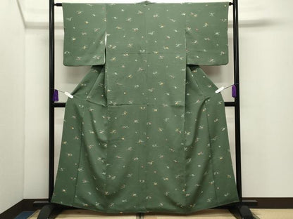 平和屋着物●上質な小紋　型染め　草花文　鬼しぼ縮緬　正絹　逸品　CABI0980gh