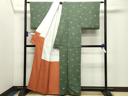 平和屋着物●上質な小紋　型染め　草花文　鬼しぼ縮緬　正絹　逸品　CABI0980gh