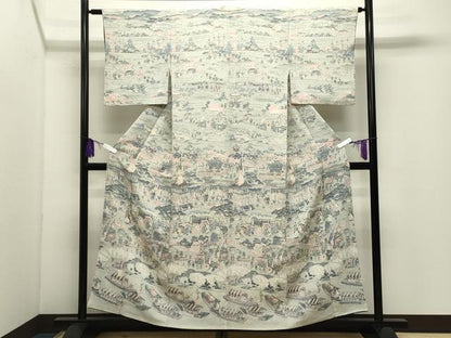 平和屋着物●訪問着　人物風景文　鬼しぼ縮緬　正絹　逸品　CABI0983gh