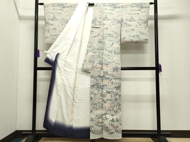 平和屋着物●訪問着　人物風景文　鬼しぼ縮緬　正絹　逸品　CABI0983gh