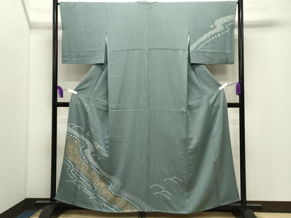 平和屋着物●訪問着　絞り　刺繍　流水草花文　金彩　正絹　逸品　CABI0985gh