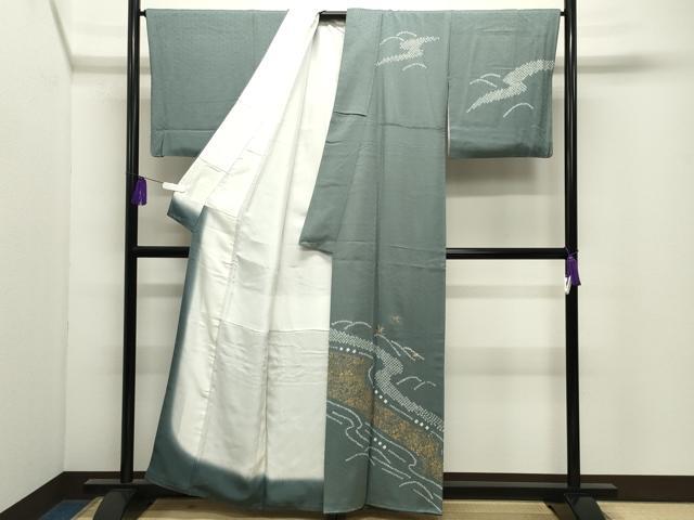 平和屋着物●訪問着　絞り　刺繍　流水草花文　金彩　正絹　逸品　CABI0985gh