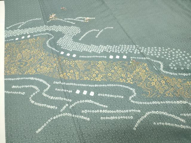平和屋着物●訪問着　絞り　刺繍　流水草花文　金彩　正絹　逸品　CABI0985gh