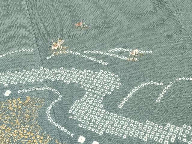 平和屋着物●訪問着　絞り　刺繍　流水草花文　金彩　正絹　逸品　CABI0985gh