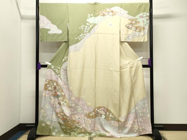 平和屋着物●訪問着　駒刺繍　御所車花文　金彩　正絹　逸品　CABI0993gh