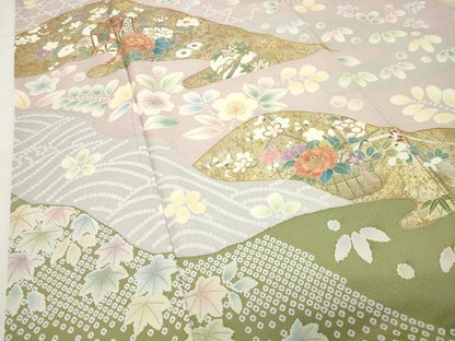 平和屋着物●訪問着　駒刺繍　御所車花文　金彩　正絹　逸品　CABI0993gh