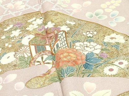 平和屋着物●訪問着　駒刺繍　御所車花文　金彩　正絹　逸品　CABI0993gh