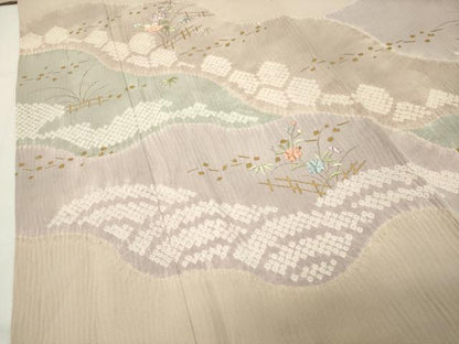 平和屋着物●訪問着　絞り　刺繍　草花文　金彩　正絹　逸品　CABI1001gh