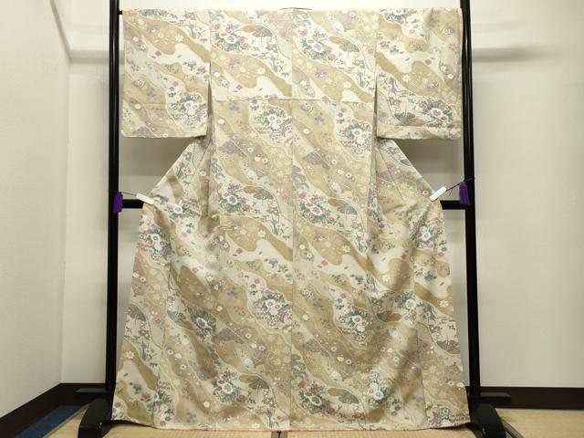 平和屋着物●上質な小紋　花車扇面文　金彩　鬼しぼ縮緬　正絹　逸品　未使用　CABI1002gh