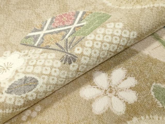 平和屋着物●上質な小紋　花車扇面文　金彩　鬼しぼ縮緬　正絹　逸品　未使用　CABI1002gh