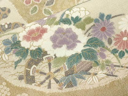 平和屋着物●上質な小紋　花車扇面文　金彩　鬼しぼ縮緬　正絹　逸品　未使用　CABI1002gh