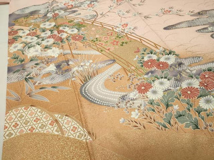 平和屋着物●訪問着　渡橋花文　暈し染め　金彩　正絹　逸品　未使用　CABI1005gh