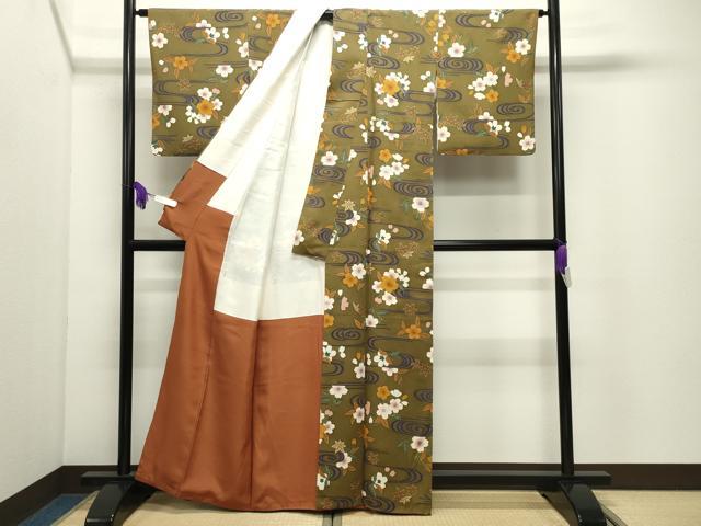 平和屋着物●ファッションデザイナー 花井幸子　小紋　流水舞桜文　金彩　反端付き　正絹　逸品　CABI1010gh
