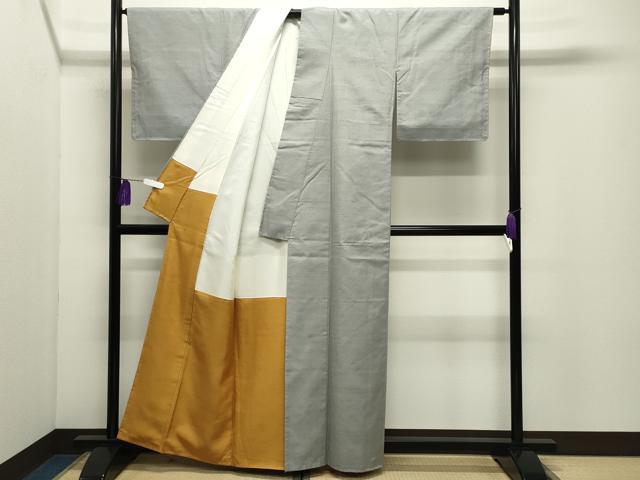 平和屋着物●結城紬　色無地　薄雲鼠色　結城屋　岡田彌五左工門商店謹製　証紙付き　正絹　逸品　CABI1013gh